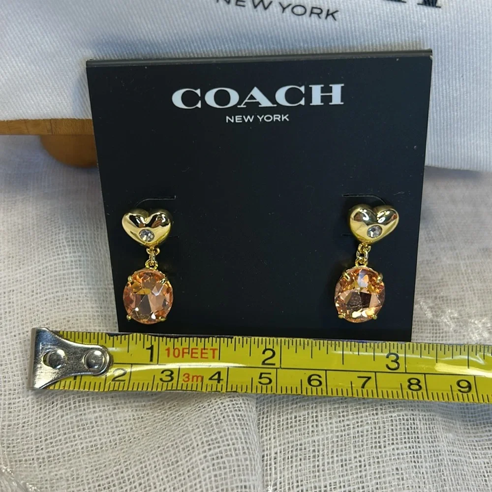 NWT Coach Gold Heart Earrings with Orange Gemstones - Picture 2 of 9